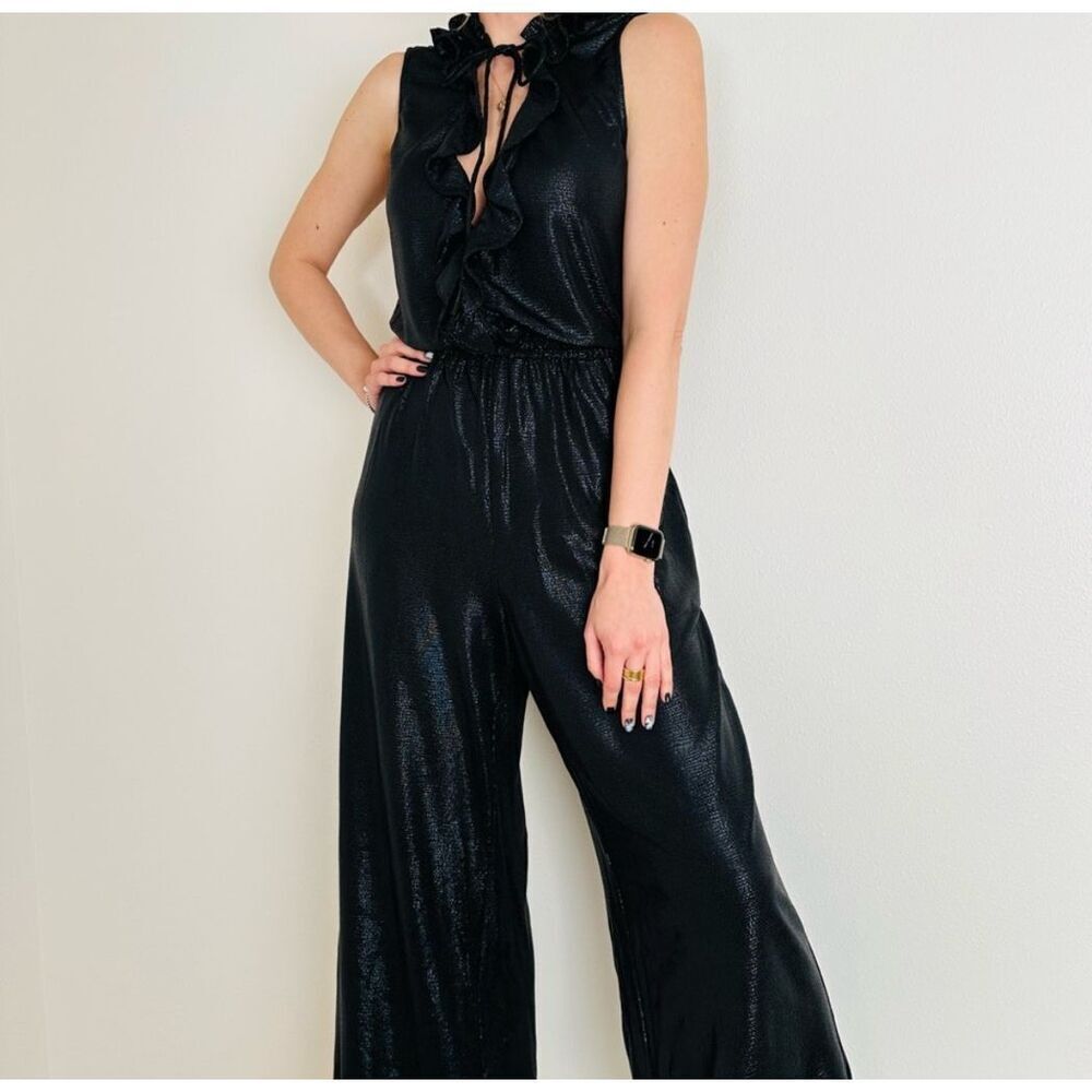 ZAC zac Posen black jumpsuit metallic black wide leg size 10